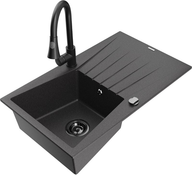 Cesar 1 Becken-Granitspüle mit Abtropffläche und Mischbatterie Elia, Schwarz gesprenkelt - 651 - Mexen