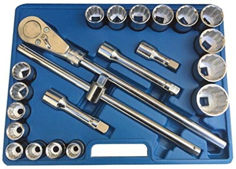 Trade Shop - Satz mit 22 großen Steckschlüsseleinsätzen, 3/4 Zoll, Polygon-Ratsche mit LKW-Hebel, 19–50 mm -