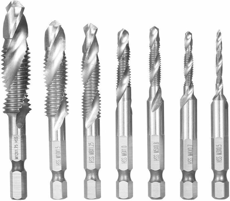 XVX Bohraufsatz, 7-teiliges Kombi-Bohrer- und Gewindebohrer-Set, metrisches HSS-Gewinde M3-M12, Schnellwechsel-Gewindebo...