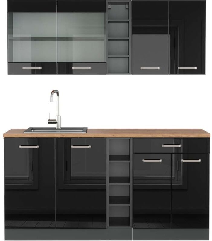 Vicco - Singleküche R-Line, Schwarz Hochglanz/Anthrazit, 160 cm , ap Eiche