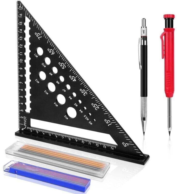 XVX - Zimmermannswinkel, 180 mm Winkelmesser, Zimmermannswinkel mit Tieflochmarkierung + Bleistiftminen, 45–90 Grad Wink...