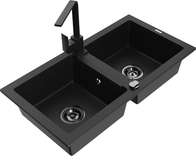 Mario 2-Becken-Granitspüle mit Mischbatterie Rita, Schwarz - 6504-77-670300-70-B - Mexen