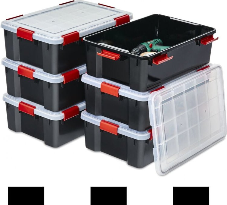 Luftdichte Kunststoff-Aufbewahrungsboxen mit Deckel, 30L, 6er-Set, Schwarz, Hermetischer wasserdichter Verschluss, Robus...