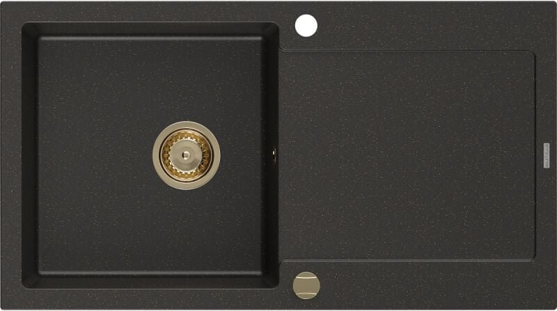 Leo Granitspüle 1-Becken mit Abtropffl√§che 900 x 500 mm, schwarz/gold Metallic, goldener Siphon - 6501901010-75-G - Mex...