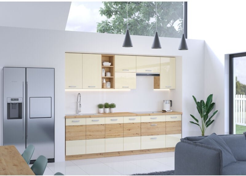 Küchenmöbel-Set Tornos 260 cm mit Hängeschränken Artisan-Eiche Creme glänzend - Furnix