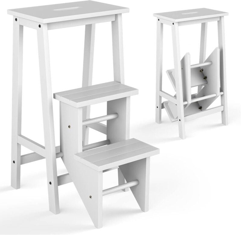3 Stufen Tritthocker aus Holz, Klapphocker Mit Tragegriff & Rutschfester Trittfläche, Leiterhocker klappbar, Trittleiter...