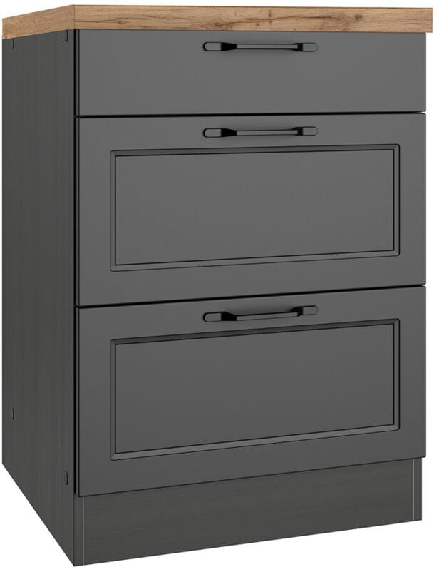 Lomadox - Unterschrank mit Schubladen 60 cm in grau, Arbeitsplatte Eiche, MONTERREY-03