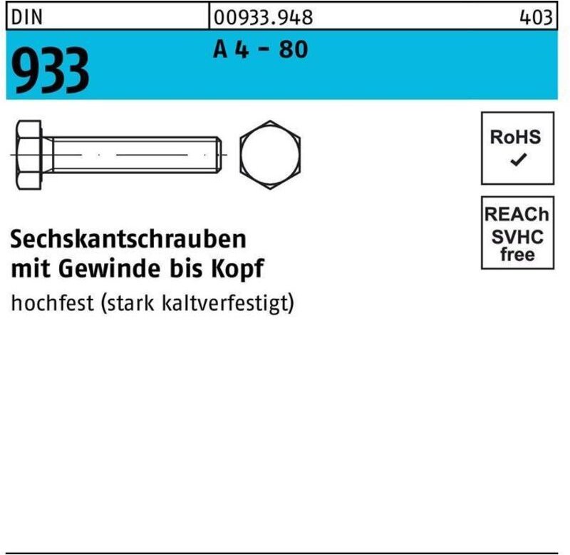 Thumbnail - Sechskantschraube DIN 933 VG M 24 x 90 A 4 - 80