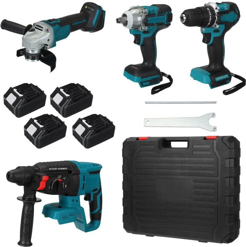 Packen Sie 4 Akku-Werkzeuge ein – Winkelschleifer + Bohrhammer + Schlagbohrmaschine + Schlagschrauber – 4 Akkus – 1 Lade...