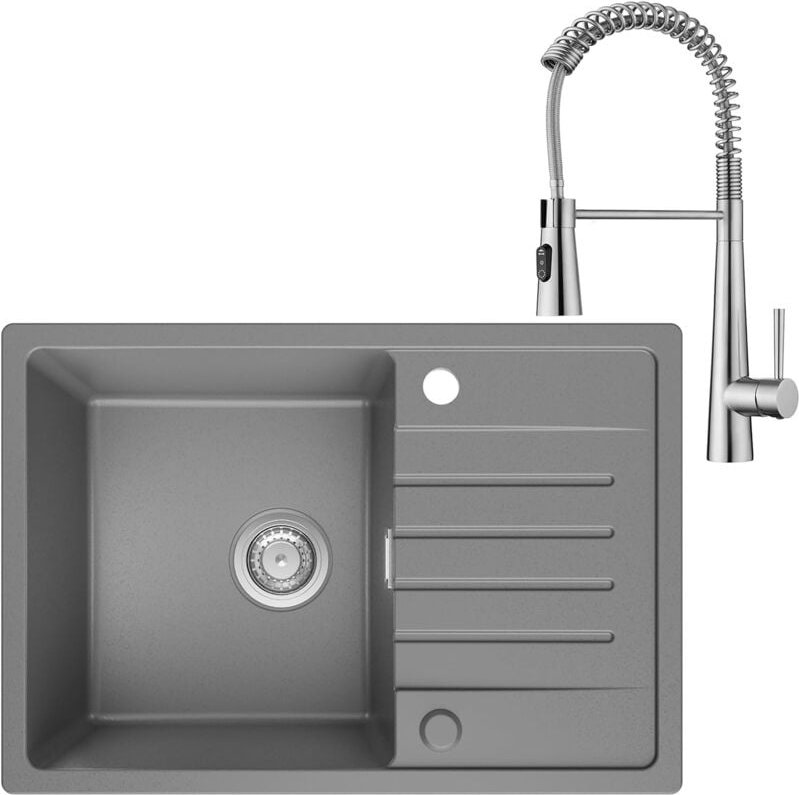 Spülbecken Küche Grau mit Armatur Edelstahl 65 x 45 cm, Küchenspüle aus Granit, Spüle Grau Einbauspüle mit Reversible In...