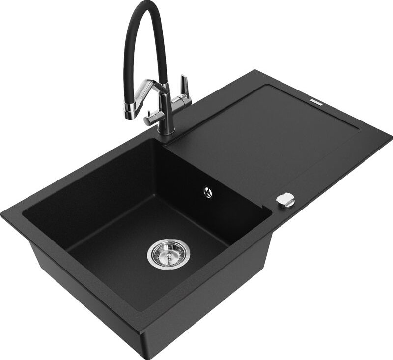 Leo 1 Becken-Granitspüle mit Abtropffläche und Mischbatterie Duo, Schwarz - 6501-77-671701-07 - Mexen