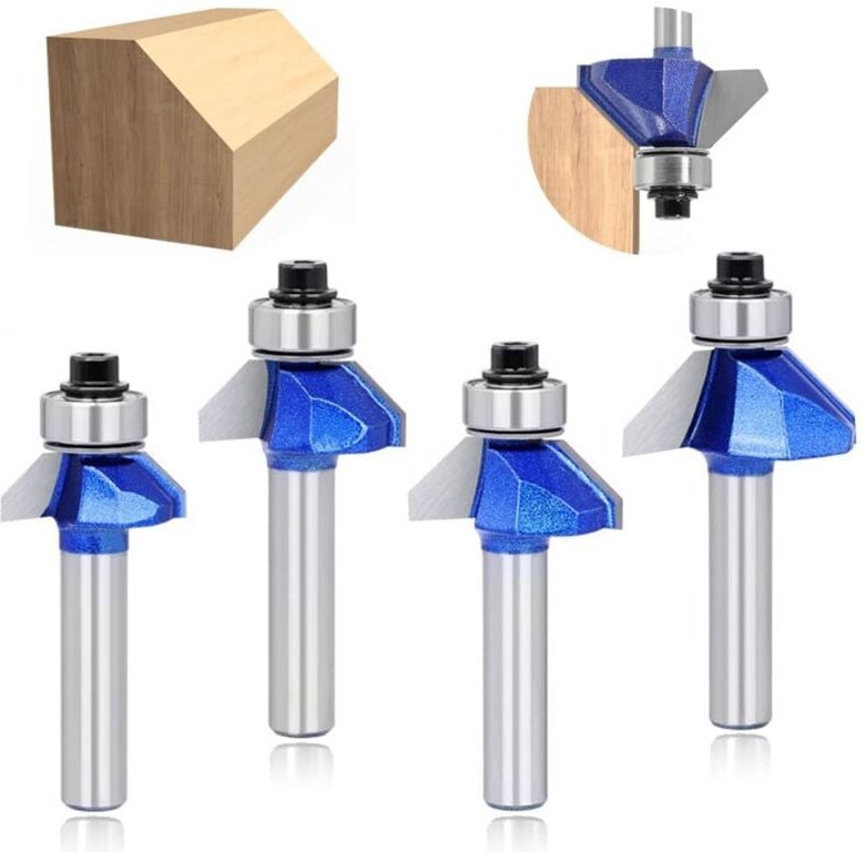 4-tlg. Holzentgratfräser Set 8mm - 45° Fasenfräser für präzise Kantenbearbeitung - HSS Bohrfräser für Holz, MDF & Plasti...