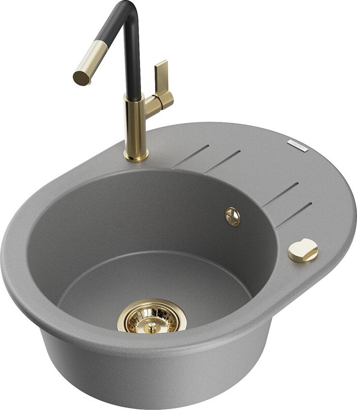 Mexen Kevin 1 Becken-Granitspüle mit Abtropffläche und Mischbatterie Flora, Grau - 6517-71-670401-57