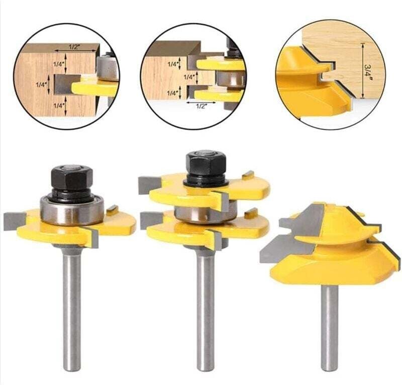 45-Grad-Gehrungsfräser + Zungenfräser + Nutfräser, Holzfräser für Tischlerwerkzeuge (1/4 Zoll (6,35 mm))