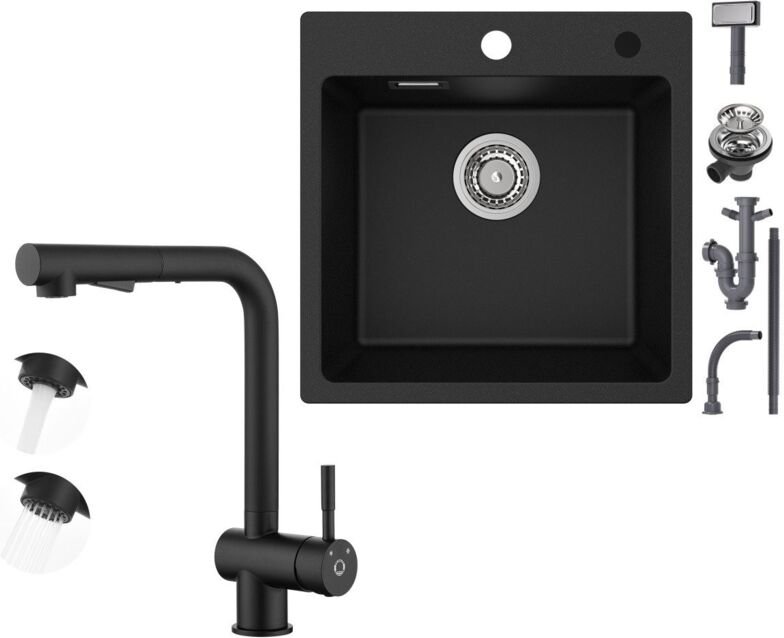 Cecipa Max - 45×45cm Aufsatzspüle für die Küche Anthrazitschwarz Granitspüle mit Schwarz Ausziehbarer Küchenarmatur Nied...