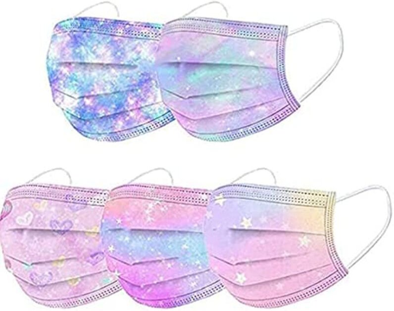 Farbige Einwegmasken für Erwachsene, 50 Stück, CE-zertifiziert, Filtermasken mit Emoticon-/Sternendruck, 3 Schutzschicht...