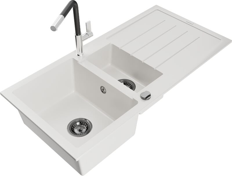 Mexen Andres 1,5-Becken-Granitspüle mit Abtropffläche und Mischbatterie Flora, Weiß - 6515-20-670401