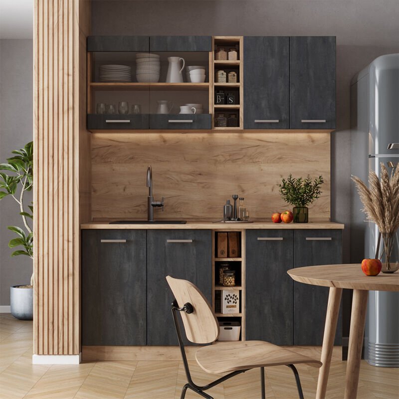 Vicco - Mini-Küche R-Line, Schwarz Beton/Goldkraft Eiche, 160 cm ap Eiche