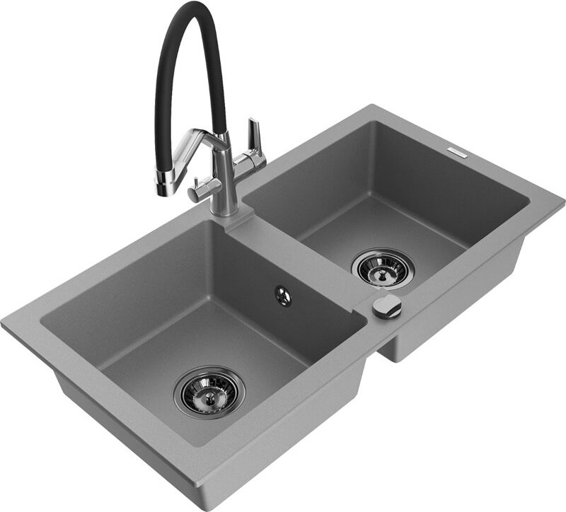 Mario 2-Becken-Granitspüle mit Mischbatterie Duo, Grau - 6504-71-671701-07-B - Mexen
