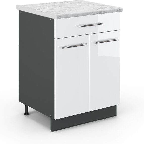 Küchenunterschrank Fame-Line, Weiß Hochglanz, 60 cm mit Schublade, ap Marmor Vicco