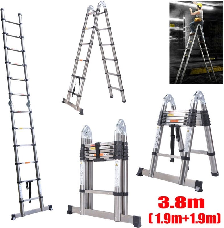 Teleskopleiter 3.8M , 12 Stufen , Anti-Rutsch,Soft-Close-System Ausziehleiter