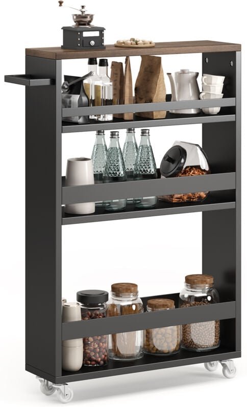 Küchenwagen mit Rollen – 4-stufiges Aufbewahrungsmöbel mit 35 cm Höhe der obersten Ablage in Schwarz - Bealife