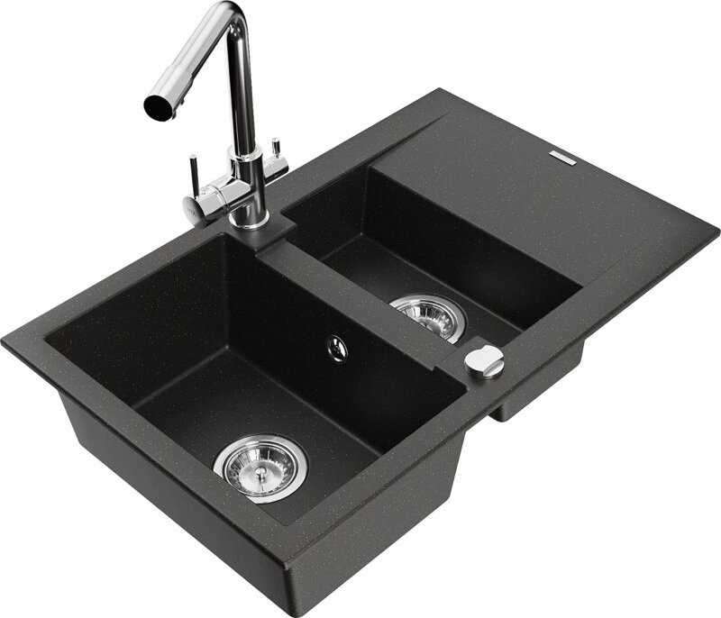 Gaspar 1,5-Becken-Granitspüle mit Abtropffläche und Mischbatterie Duero, Schwarz/Gold metallis - Mexen