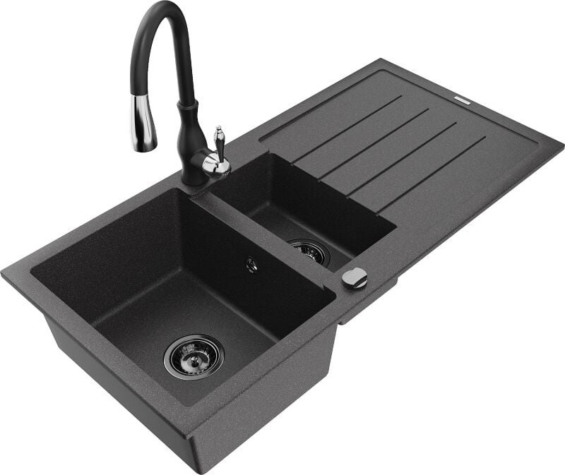 Andres 1,5-Becken-Granitspüle mit Abtropffl√§che und Mischbatterie Savita, Schwarz gesprenkelt - 6515-76-672601-70-B - M...