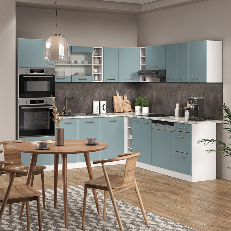 Einbauküche in L-Form R-Line, Blau-Grau/Weiß, 237 x 247 cm , AP Eiche, Vicco