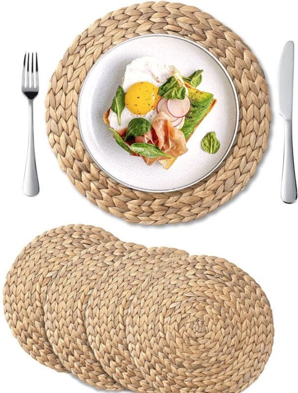 Jn.songs - 4er Set Runde Tischsets, Hitzebeständige Geflochtene Platzsets, Natural Wasserstroh Gewebt - 25cm