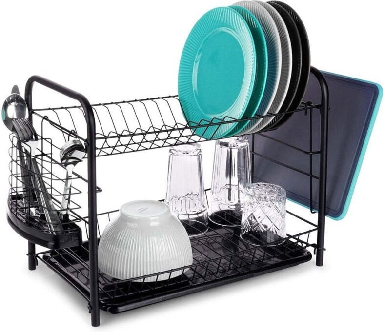 Space saving black dish rack with drip tray