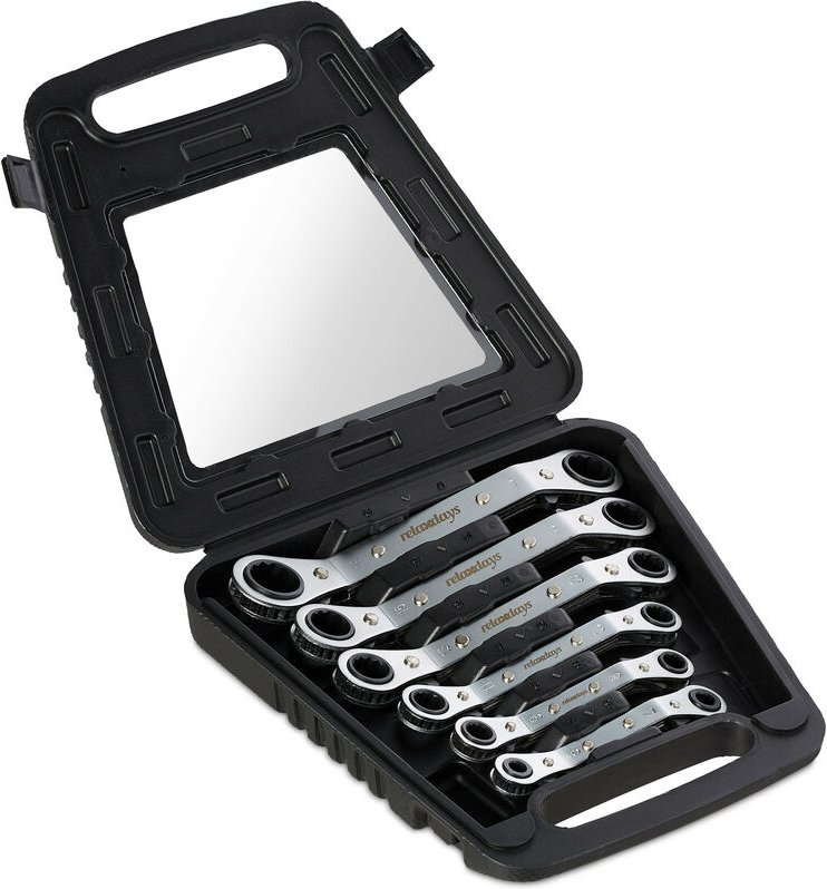 Ringratschenschlüssel Set 6-teilig, 6 - 15, 17 & 19 mm, im Koffer, umschaltbare Ratsche, Ringschlüssel, silber - Relaxda...