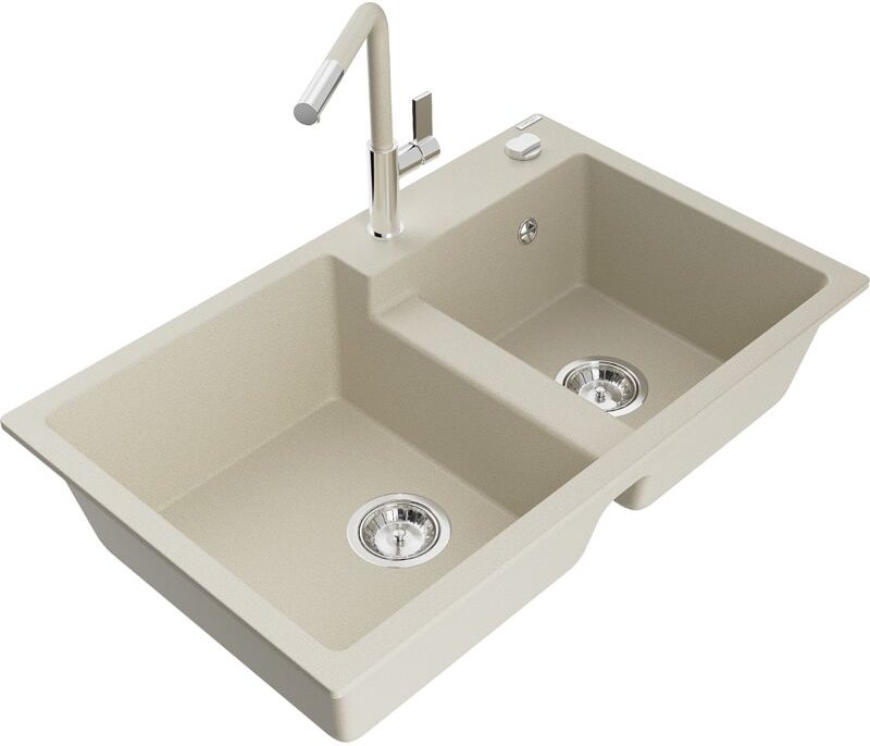 Tomas 2-Becken-Granitspüle mit Mischbatterie Flora, Beige - 6516-69-670401-09 - Mexen
