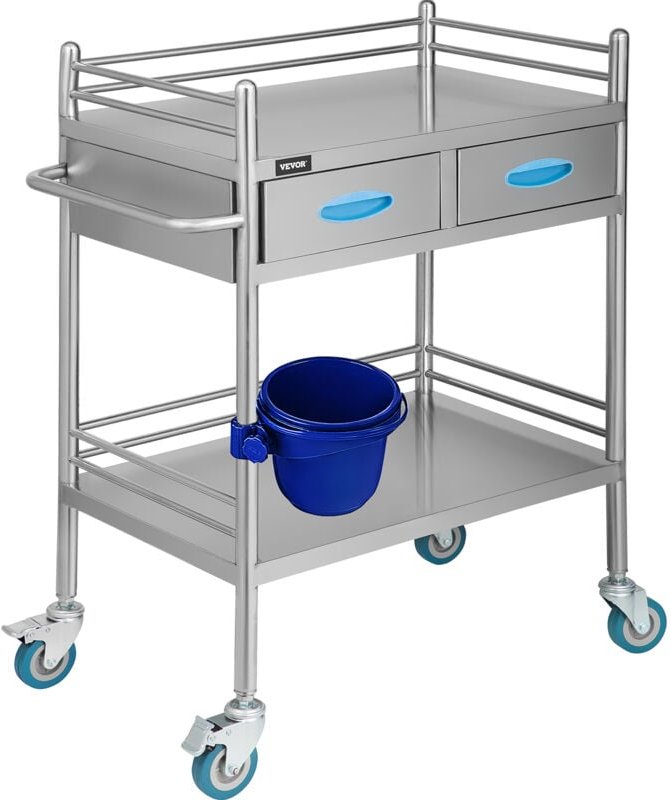 2 Böden mit 2 Schubladen Servierwagen Edelstahl Serving Lab Trolley Laborwagen Tragbar Abräumwagen Medical Dental Lab Ca...