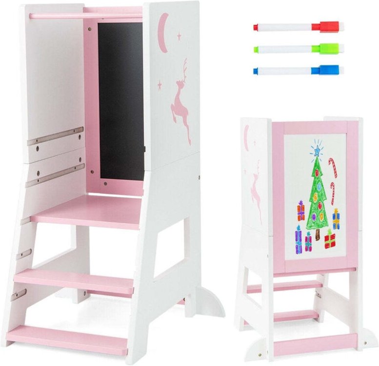 2 in 1 kinder lernturm mit doppelseitiger tafel amp 3 verstellbare hohen kuchenhocker trittschemel rosa