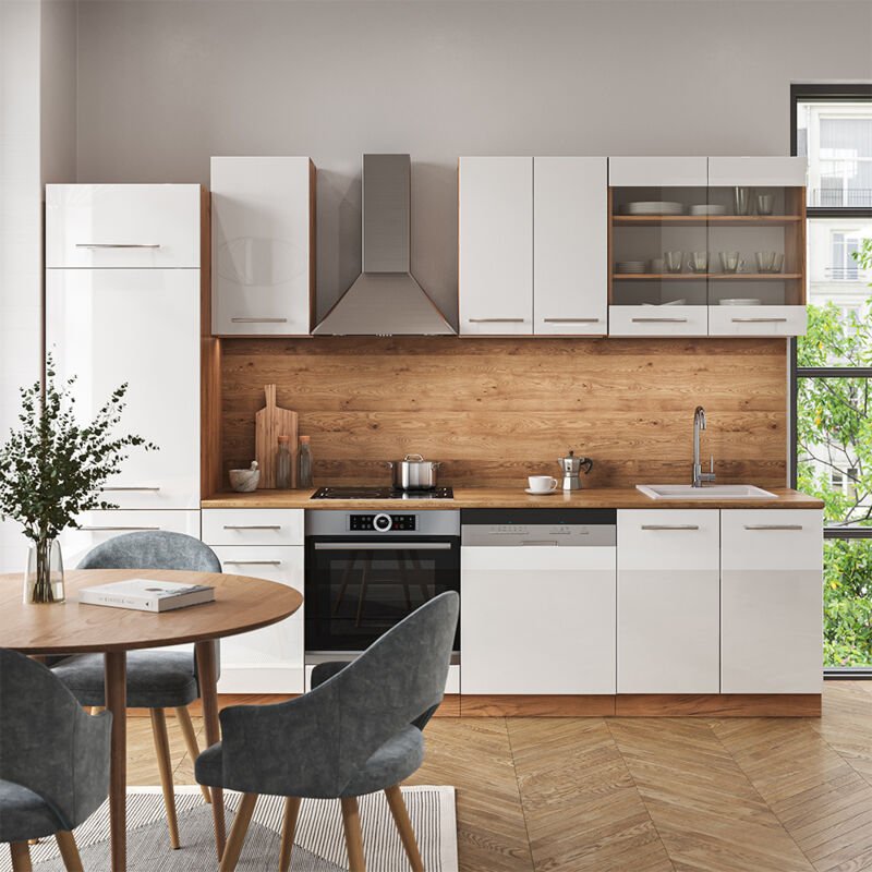 Vicco - Küchenzeile Fame-Line, Weiß Hochglanz/Goldkraft Eiche, 300 cm ohne Arbeitsplatte