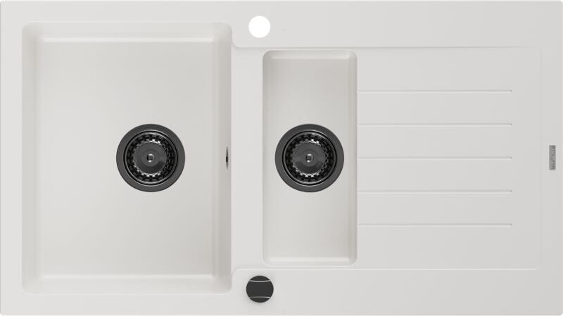 Matias 1,5-Becken-Granitspüle mit Abtropffläche 900 x 505 mm, Weiß, Siphon Schwarz - 650290150 - Mexen