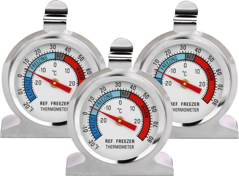 3er-Pack Kühlschrankthermometer aus Edelstahl mit großem Zifferblatt, Haken und Ständer