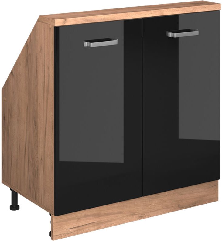 Dachschrägenschrank Rion, Schwarz Hochglanz/Goldkraft Eiche, mit 2 Türen, Vicco