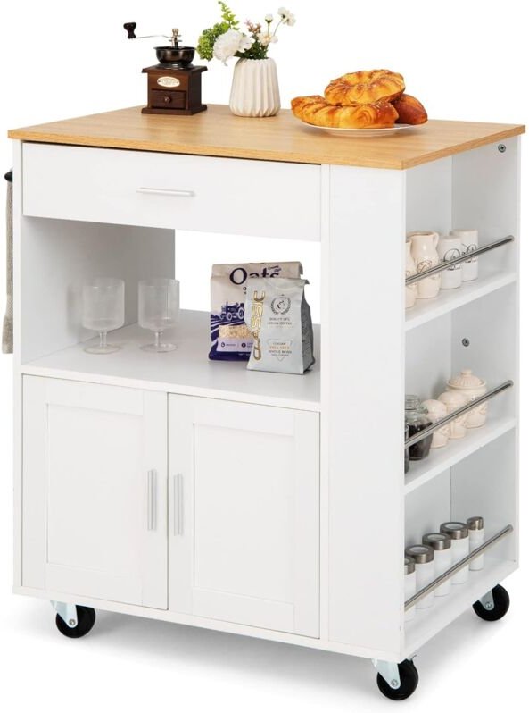 Küchenwagen, Servierwagen mit Schublade, Zweitüriger Schrank, Dreistufiges Gewürzregal, Wasserfest, Räder mit Bremsen, R...