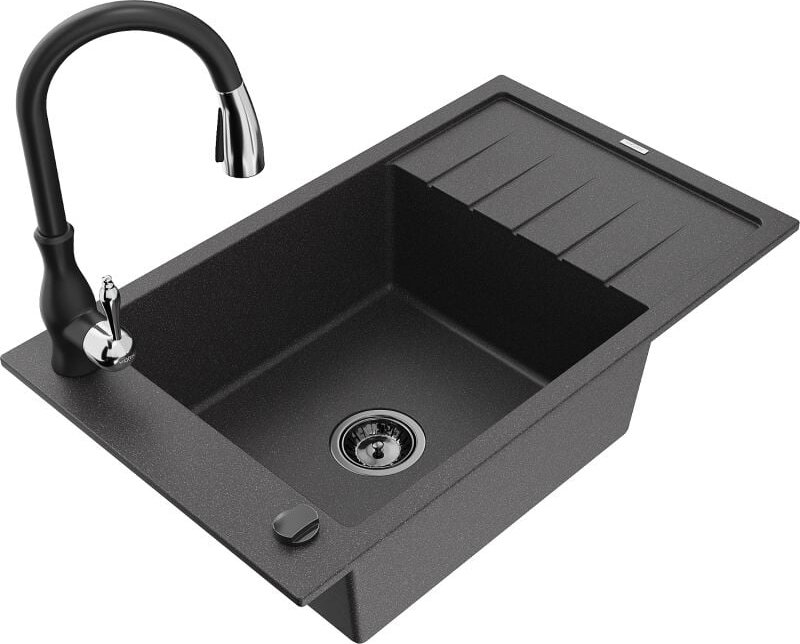 Elias 1 Becken-Granitspüle mit Abtropffl√§che und Mischbatterie Savita, Schwarz gesprenkelt - 6511-76-672601-70-B - Mexe...