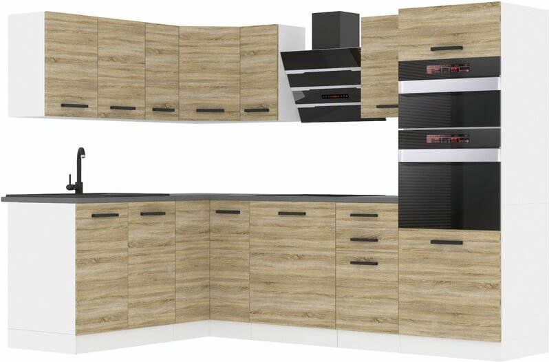 Küchenzeile Küchenblock Küche L-Form Melanie Küchenmöbel mit Griffe, Einbauküche ohne Elektrogeräten mit Hängeschränke u...