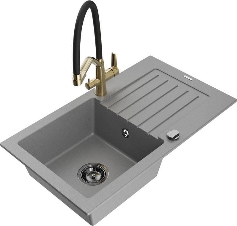 Pablo 1 Becken-Granitspüle mit Abtropffläche und Mischbatterie Duo, Grau - 6510-71-671701-57-B - Mexen