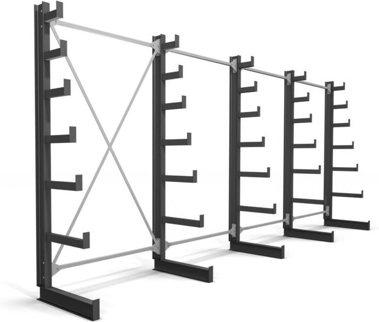 Kragarmregal, einseitig, 4 Felder mit 6 abstiegenden Ebenen, BxHxT 5200x2000x500mm, Regalsystem mit 6 nach oben verjünge...