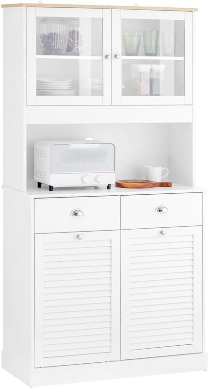 Küchenschrank mit Glastüren Sideboard & Mülleimer-Fach Mikrowellenschrank Hochschrank Weiß 92x180x40cm FSB101-W - Sobuy