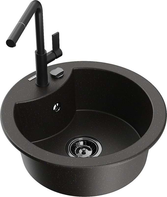 Diego 1-Becken-Granitspüle mit Mischbatterie Flora, Schwarz/Gold metallisch - 6512-75-670401-70-B - Mexen