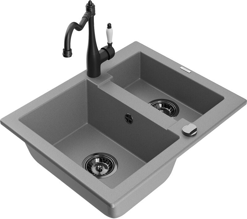 Mexen Carlos 1,5-Becken-Granitspüle mit Mischbatterie Carla, Grau - 6518-71-670700-70-B