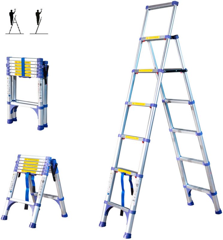 Teleskop-Trittleiter mit 7 Stufen EXTENDACT6, Teleskopleiter 2m+1.7m, faltbare Teleskop-Trittleiter, Max. Arbeitshöhe 3,...