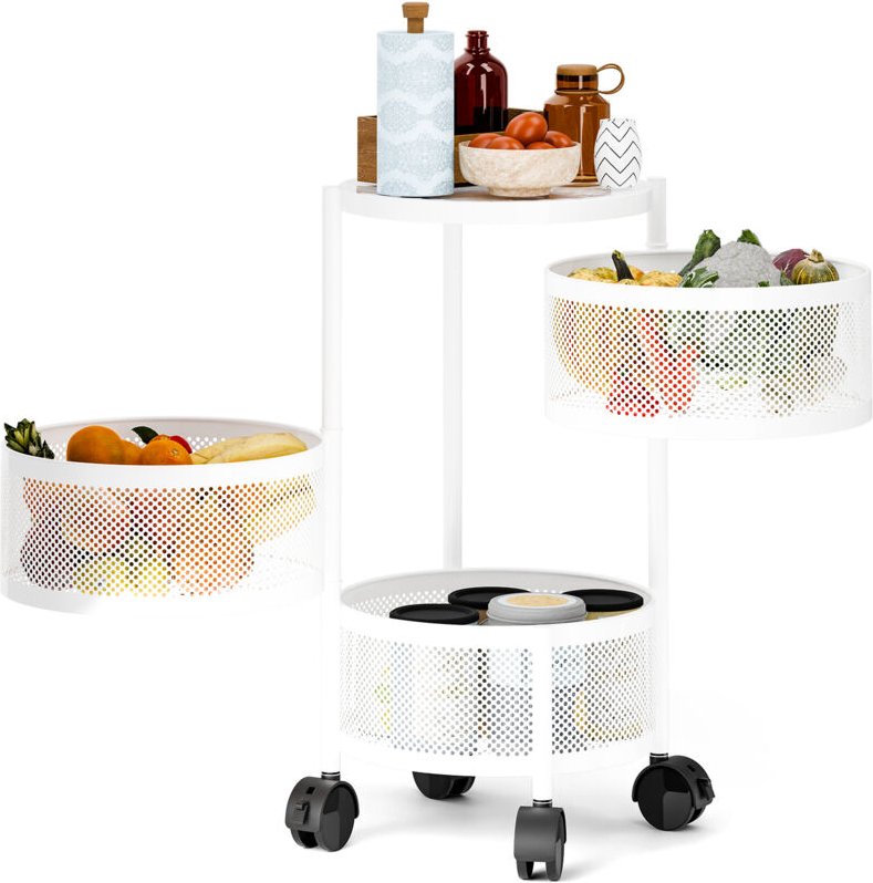 Küchen-Aufbewahrungswagen, drehbarer Snackhalter, drei Ablagen, 30 × 30 × 60 cm, weiß.