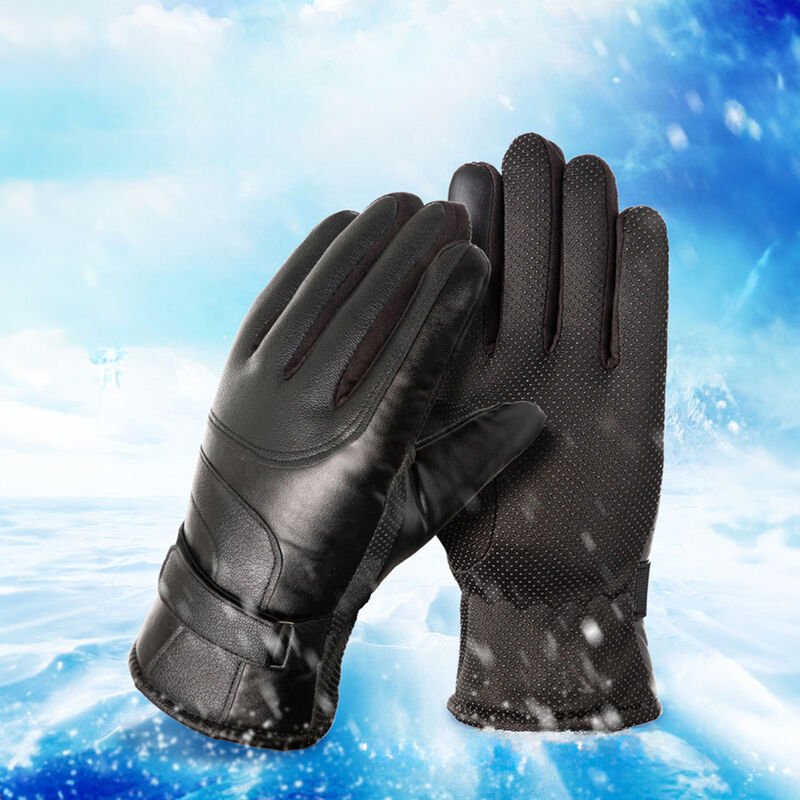 Isolierte Herren-Handyhandschuhe aus PU-Leder Warmhaltend für Winter – Schwarz